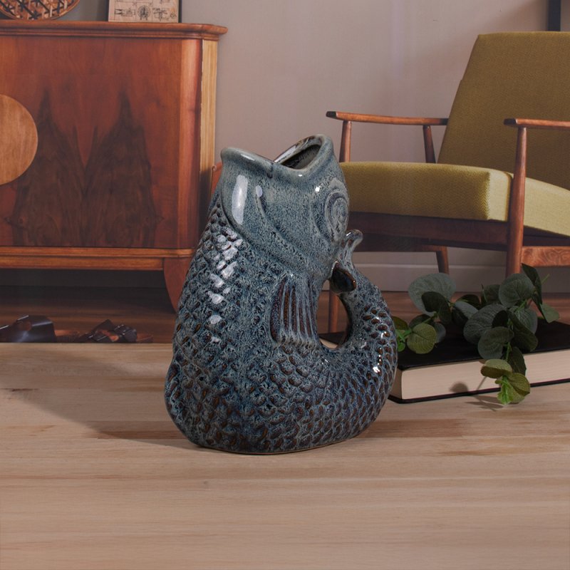 23cm Ceramic Fish Gurgle Jug Vase Aqua