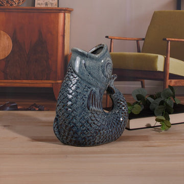 23cm Ceramic Fish Gurgle Jug Vase Aqua