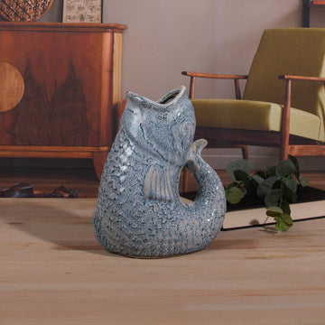 23cm Ceramic Fish Gurgle Jug Vase Sky Blue