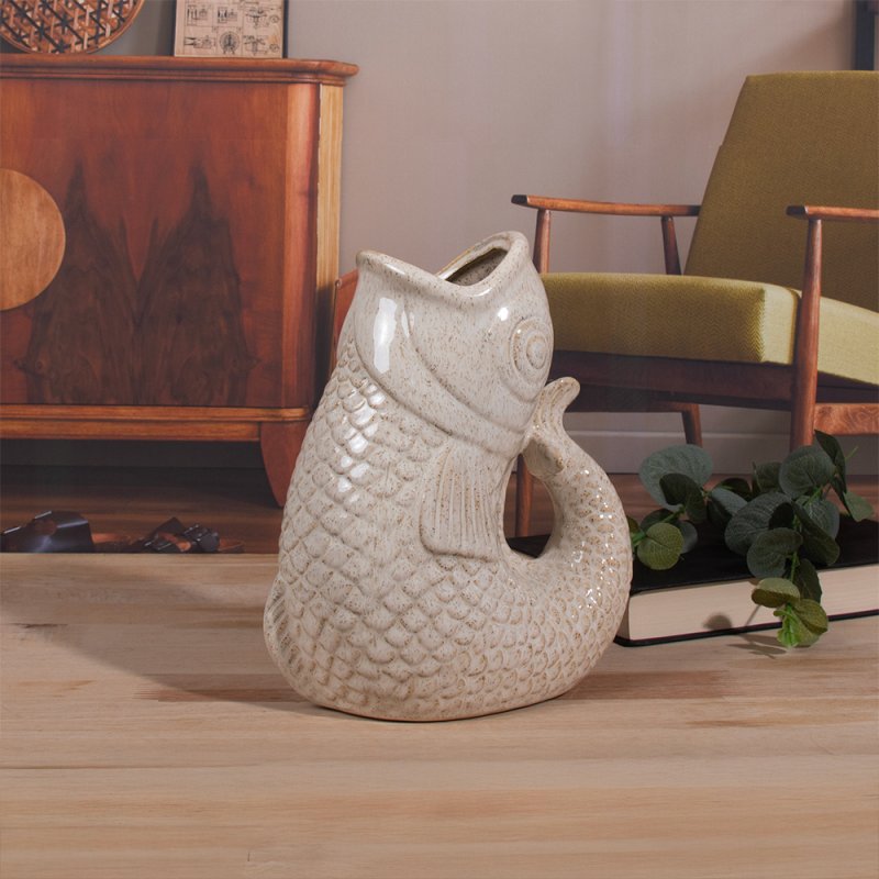 23cm Ceramic Fish Gurgle Jug Vase Cream