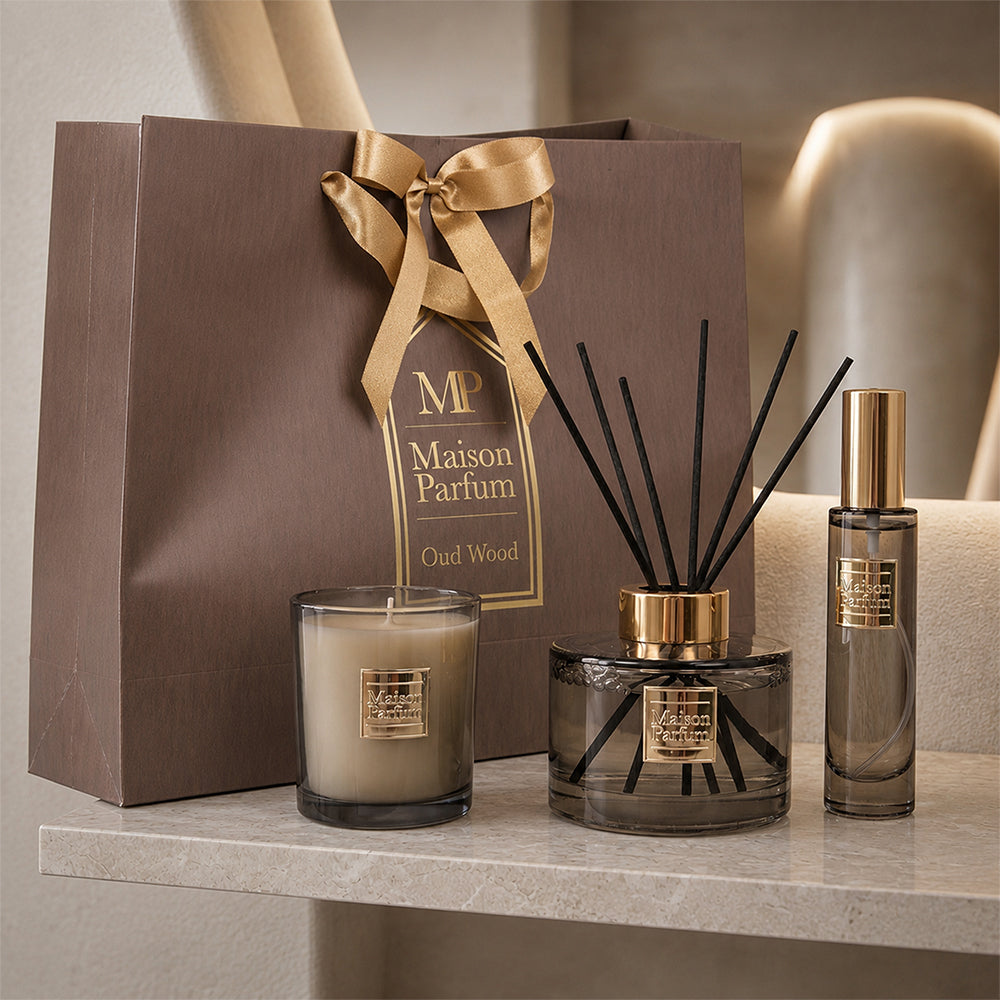Oud Wood Reed Diffuser Scented Candle & Spray Fragrance Gift Set