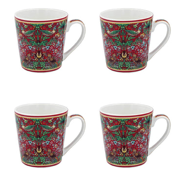 Set of 4 William Morris Red Strawberry Thief Mugs