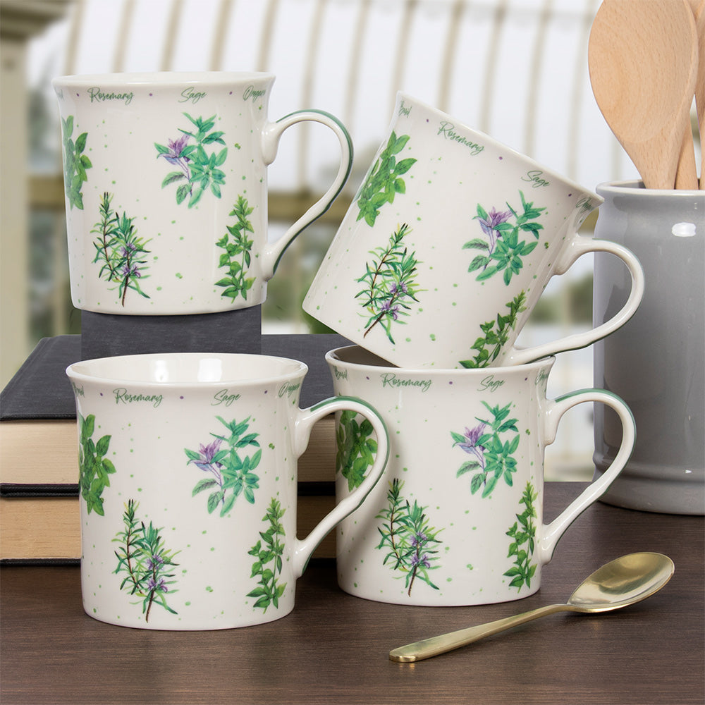 Green Herbs Garden Print 4pcs Fine China Mug 230m