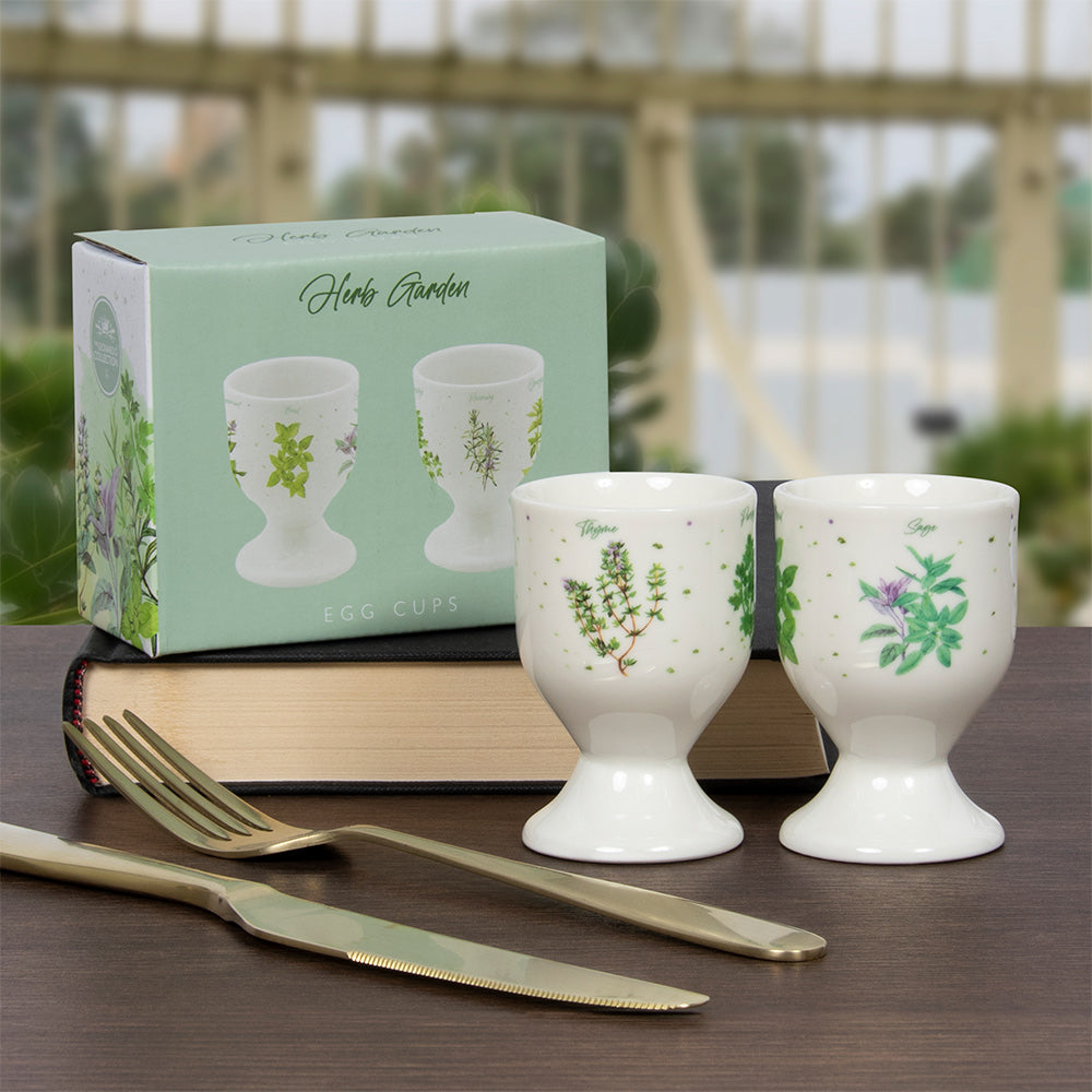 Green Herbs Garden Print 2pcs Ceramic Egg Cups