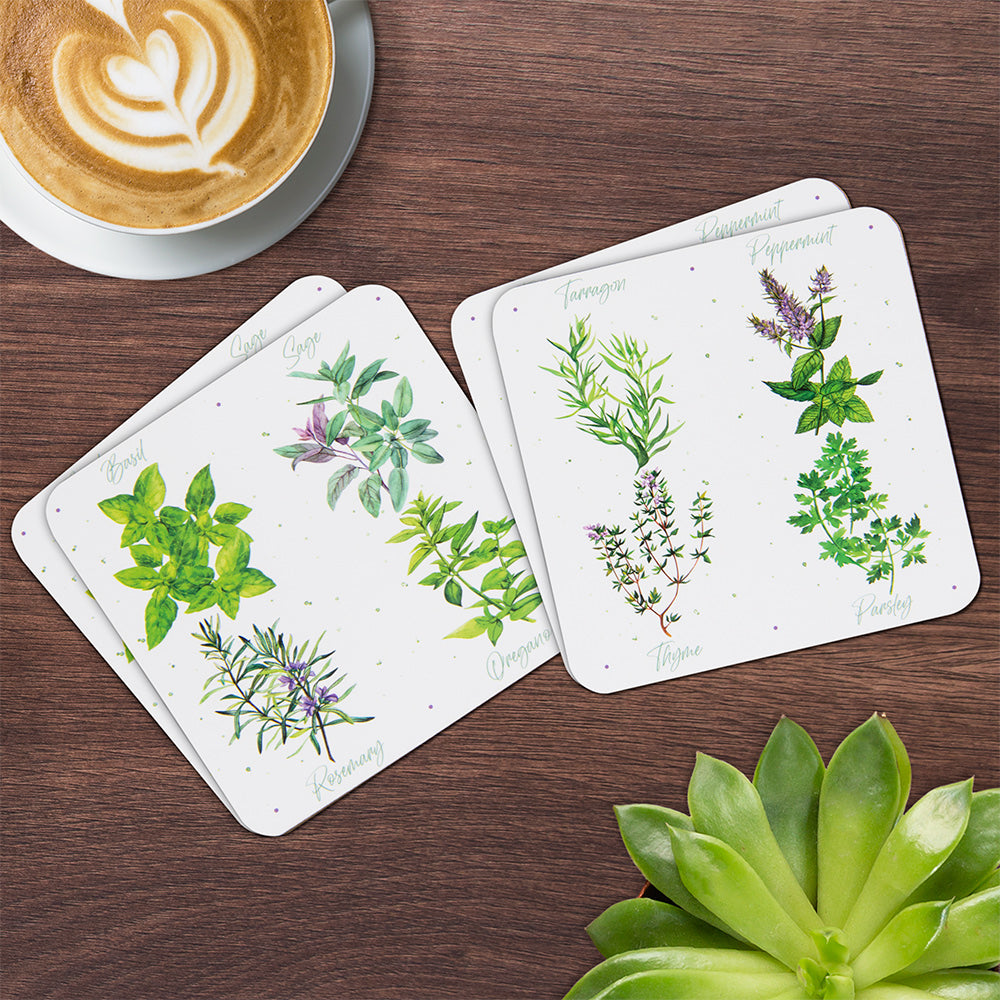 Green Herbs Garden Print Set of 4 Cork Coasters