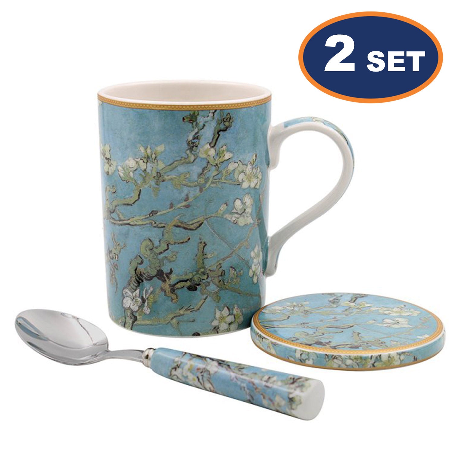 2 Sets of Van Gogh Almond Blossom Mug Coaster & Spoon