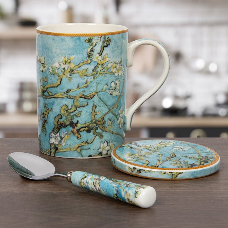 Van Gogh Almond Blossom Mug Coaster Spoon Set Blue