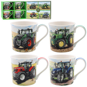 Set of 4 Fine China Ceramic Mugs in Vintage Tractors Design