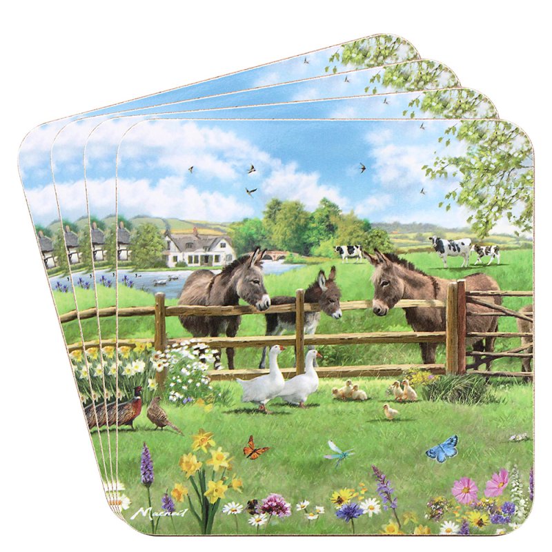 Farm Life & Donkeys Set of 4 Cork Back Coasters