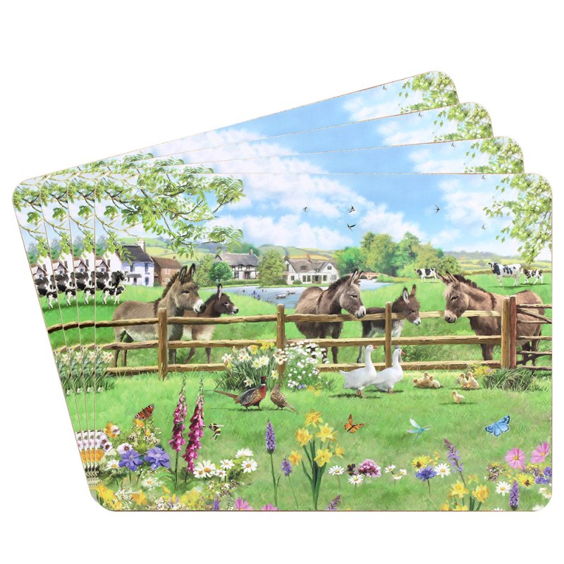 4pcs Farm Life and Donkeys Cork Back Placemats