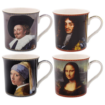 Classic Portrait Art 4Pcs 300ml Fine China Mugs & 4 Cork Coasters