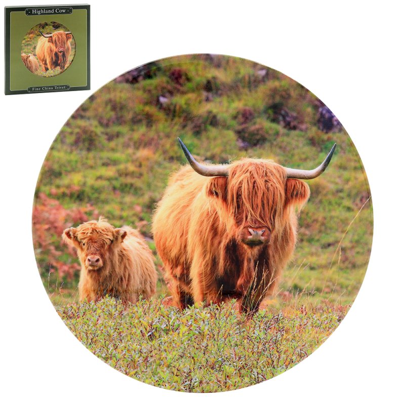 Country Highland Cow & Calf Round Ceramic Trivet