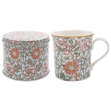 William Morris Pink & Rose Ceramic Mug in Round Tin