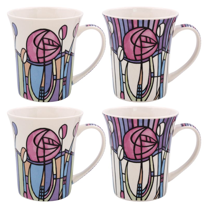 Charles Rennie Mackintosh Art Nouveau Set of 4 Fine China Mugs