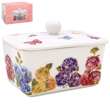 Floral Pink Ceramic Butterfly Blossom Design Butter Dish