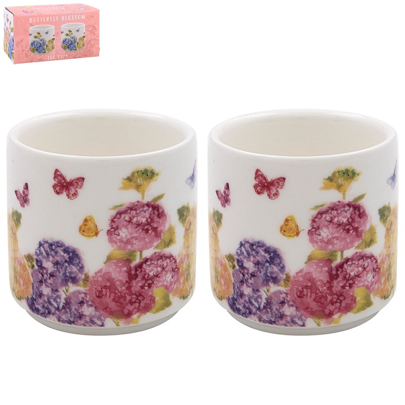 2pc Ceramic Butterfly Blossom Floral Design Egg Cups