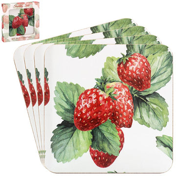 4Pcs Strawberry Field Fruit Summer Design Cork Coasters