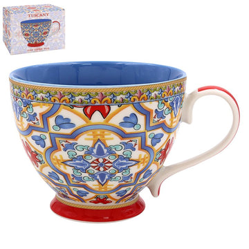 2Pcs 400ml Tuscany Blue Mediterranean Floral Red Footed Mugs