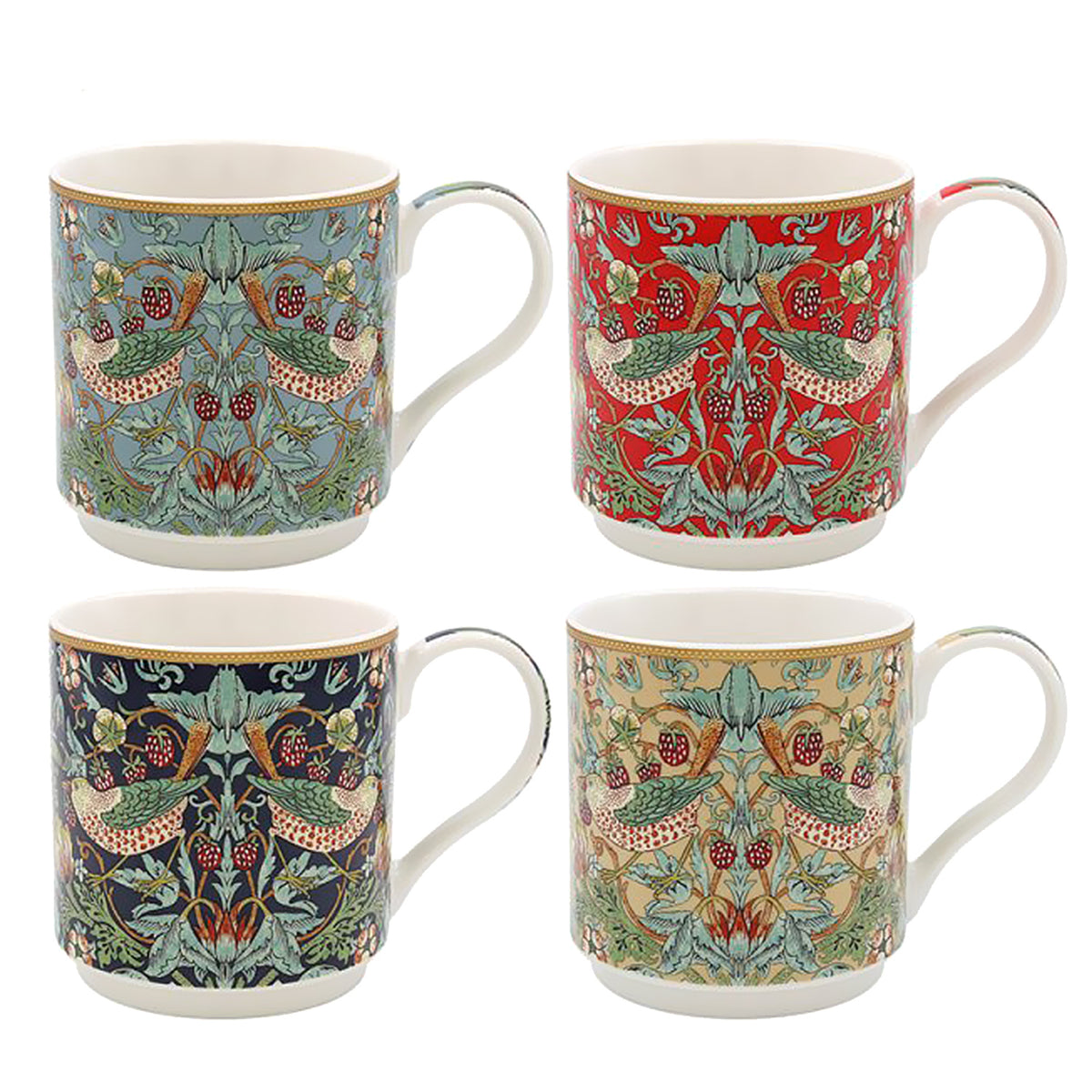 4Pc Strawberry Thief Fine China Stacking Mugs Set