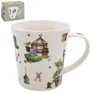 2Pc Green Fingers Ceramic Garden Theme Tapered & Round Mugs Set