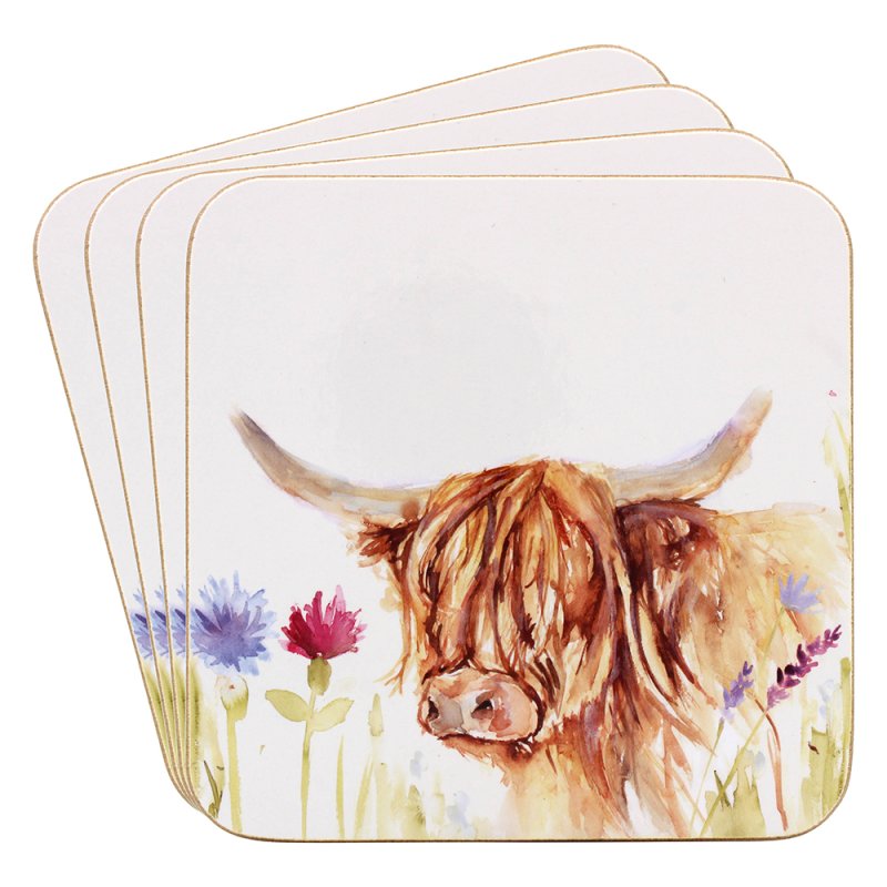 4pcs Highland Cow Design Cork Coasters