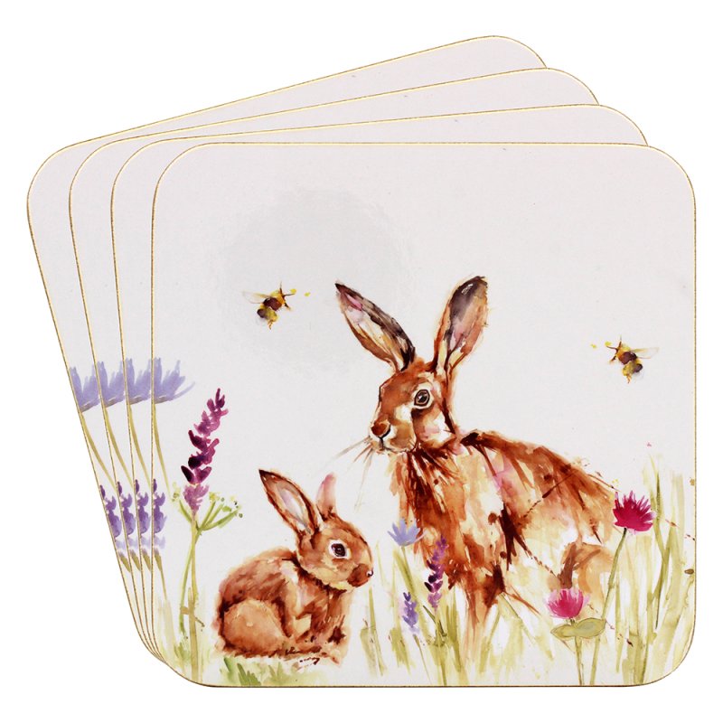 4pcs Hares Rabbit Floral Cork Coasters