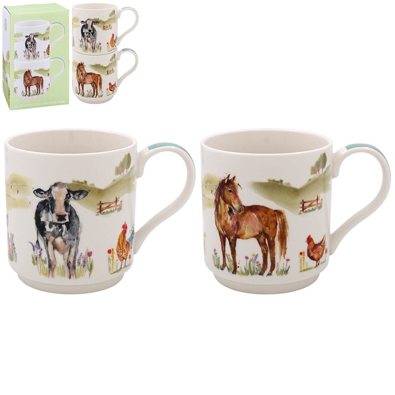 2pcs Farmyard Animals Ceramic Stacking Mugs