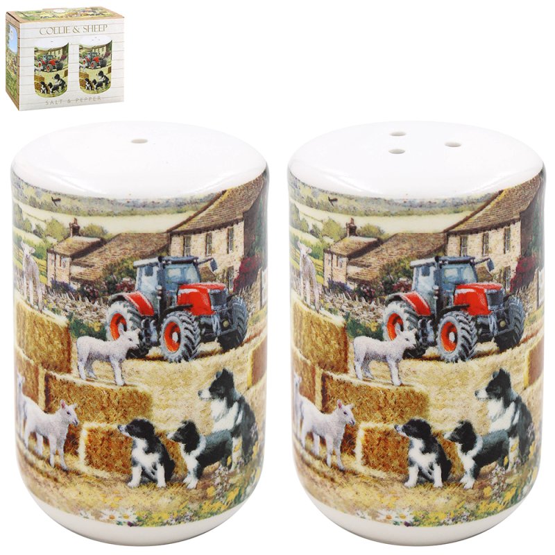 2Pc Ceramic Collie & Sheep Salt & Pepper Shakers