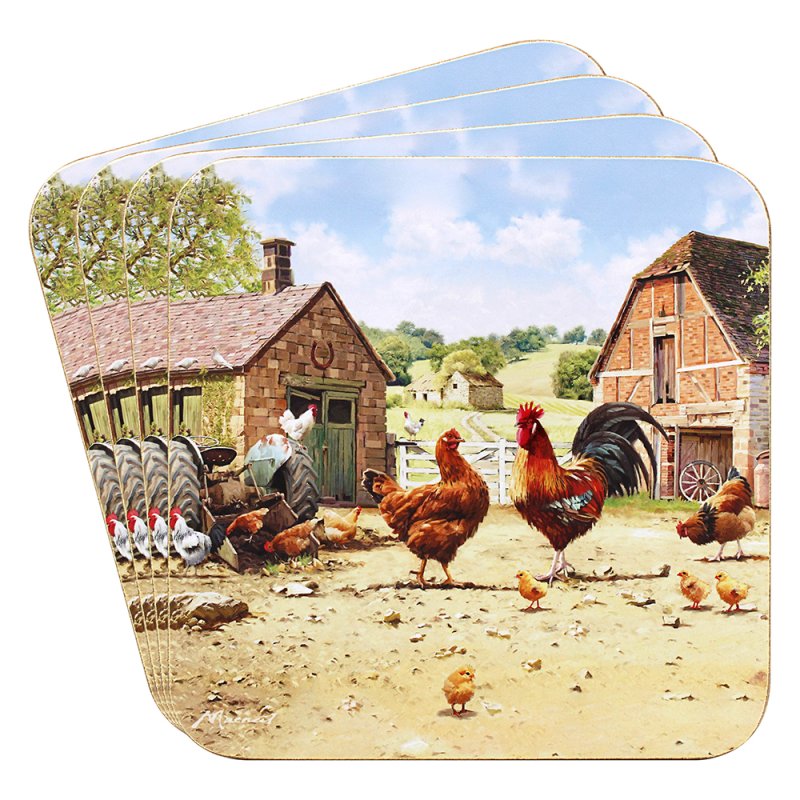 Set 4 Cork Back Cockerel & Hen Coasters
