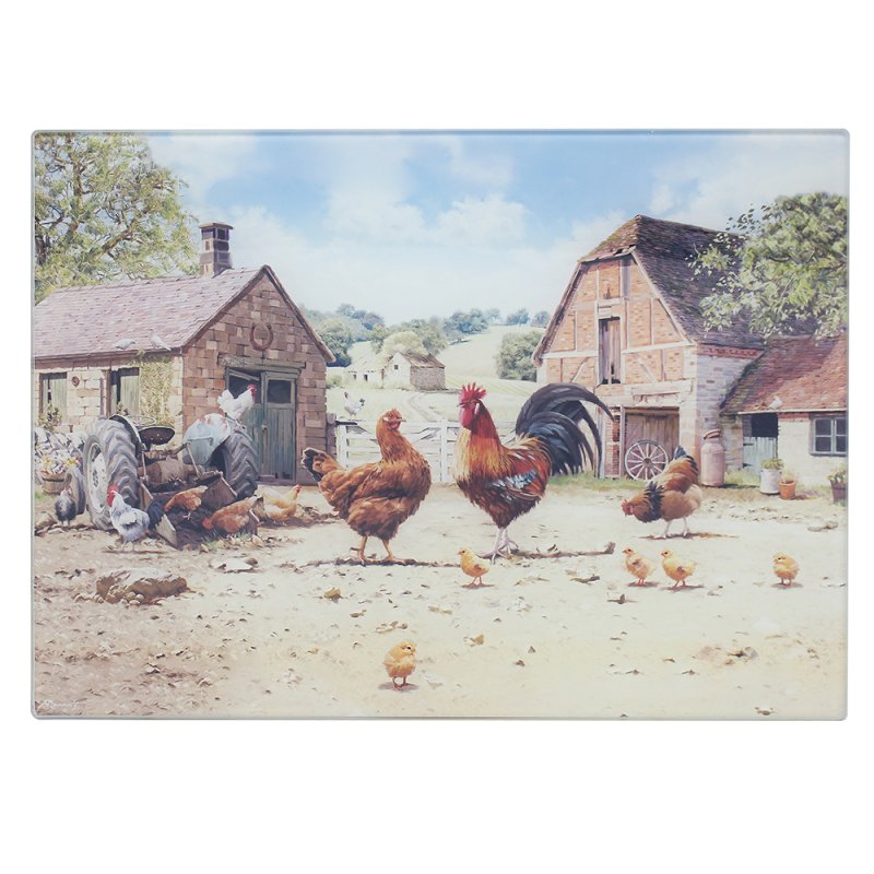 Cockerel & Hen Farm Life Toughened Glass Cutting Board