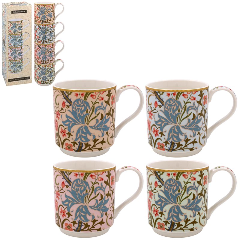 4pc W Morris 350ml Golden Lily Vintage Ceramic Mugs