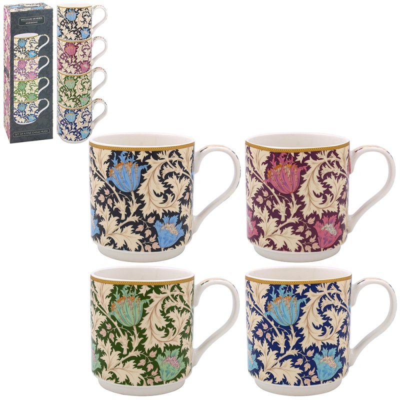 4pc William Morris 350ml Anemone Floral Vintage Ceramic Stacking Mugs