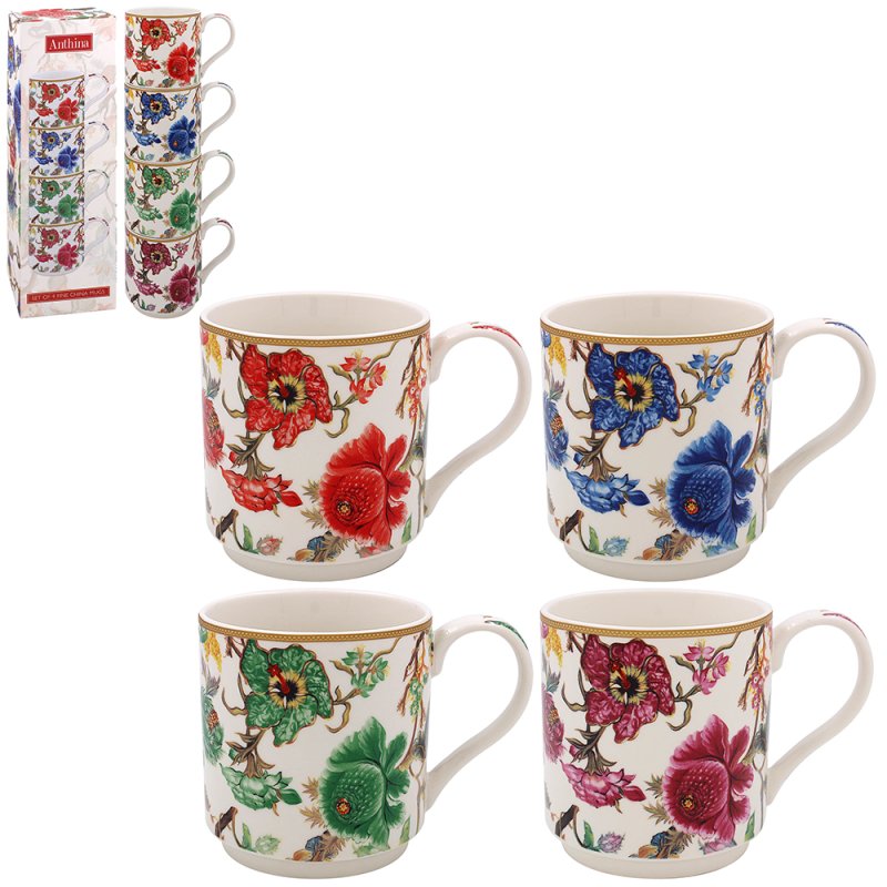 4pc W Morris 350ml Anthina Floral Vintage Ceramic Stacking Mugs