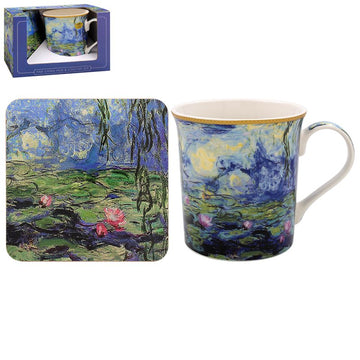 2 Sets of Claude Monet Blue Floral Water Lily Art Pond Ceramic Mug & Coaster