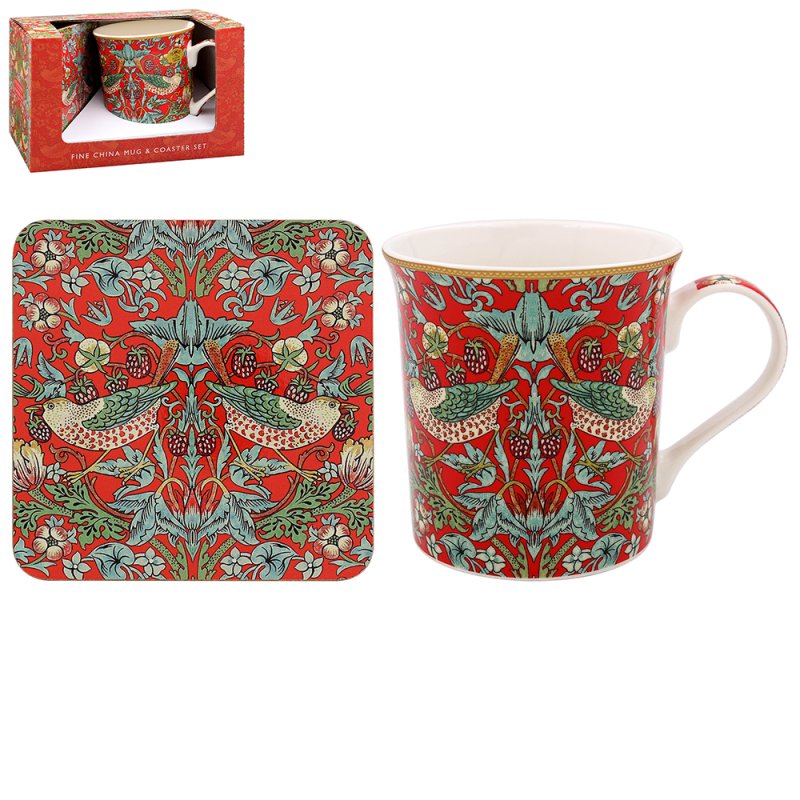 William Morris Red Floral Birds Ceramic Mug & Coaster Set