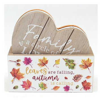 Set of 4 Autumn Fall Nature Theme Wooden Heart Shaped Coasters With Holder