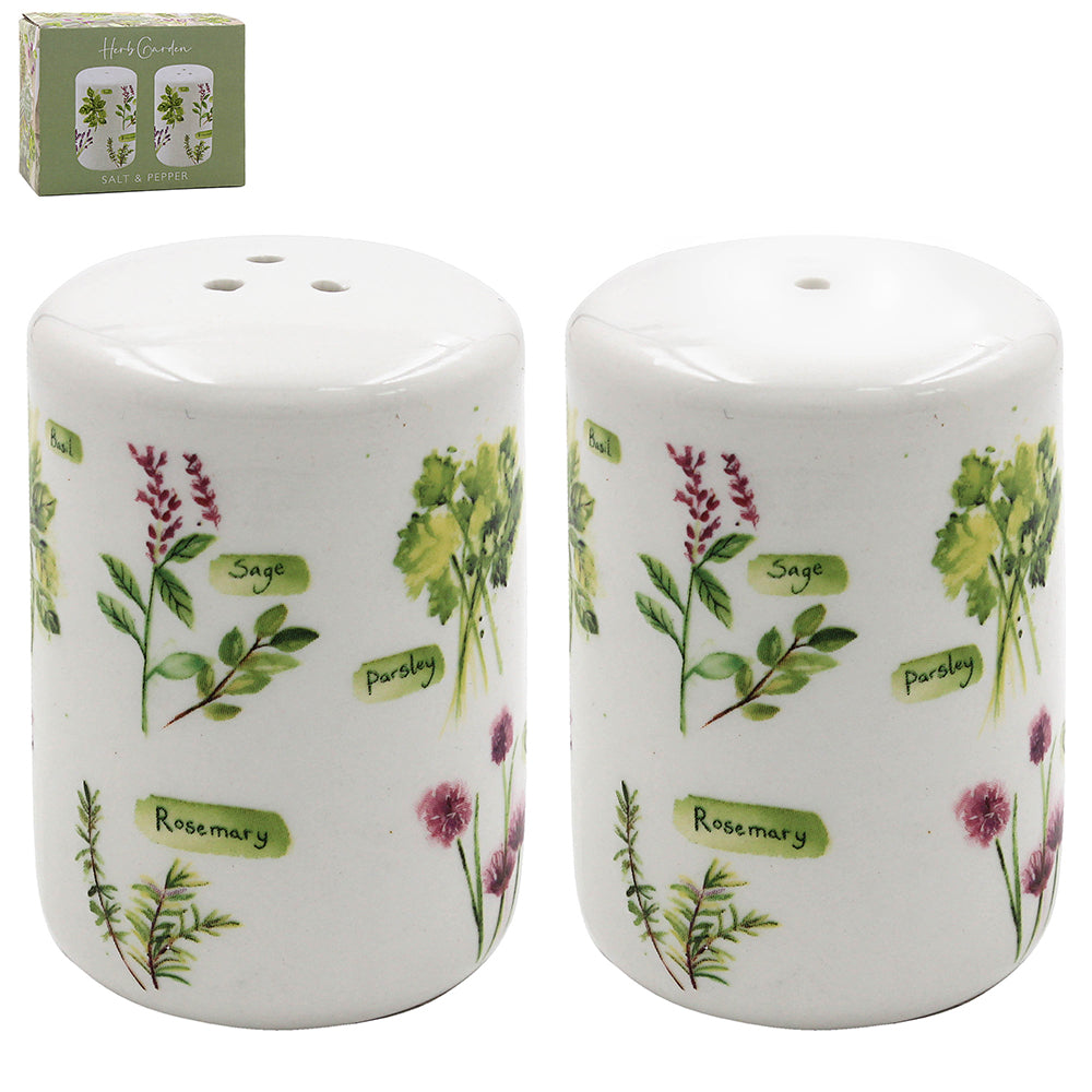 Salt & Pepper Shaker Set Ceramic Green Herb Garden