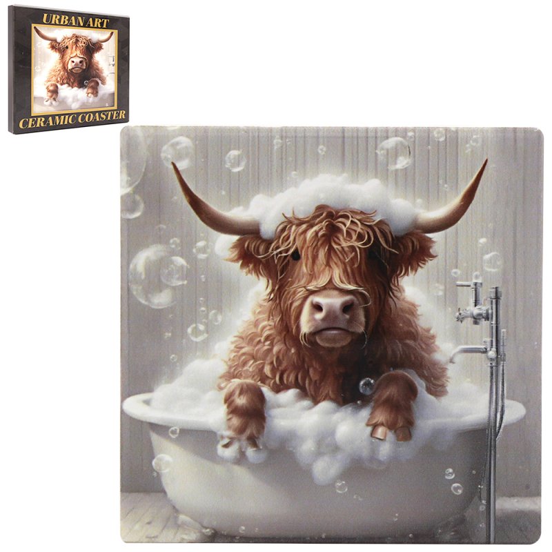 Highland Cow Bubble Bath Ceramic Coaster