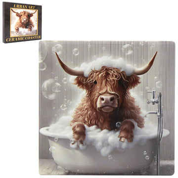 Highland Cow Bubble Bath Ceramic Coaster