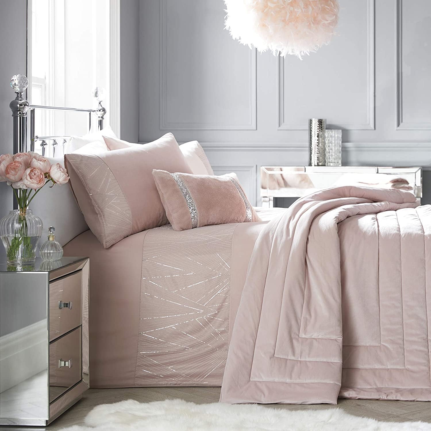 By Caprice Velvet Sequin Chevron King Duvet Cover Set - Lucille Blush Pink