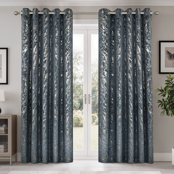 Marble Velvet Blackout Eyelet Ring Top Curtains 66" x 90" - Silver Grey & Gold