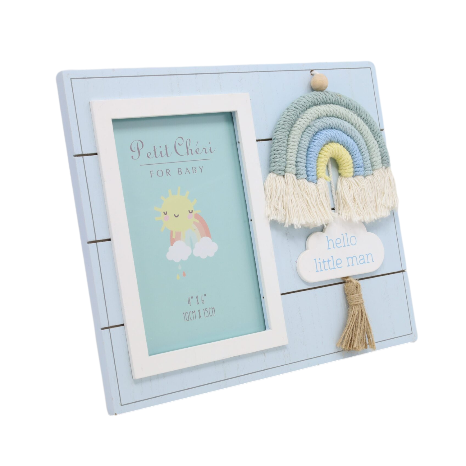 Blue Little Man with Macrame Rainbow - Petit Cheri Wooden Photo Frame