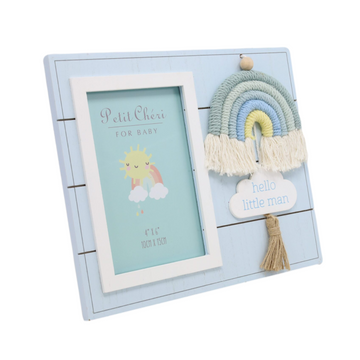 Blue Little Man with Macrame Rainbow - Petit Cheri Wooden Photo Frame