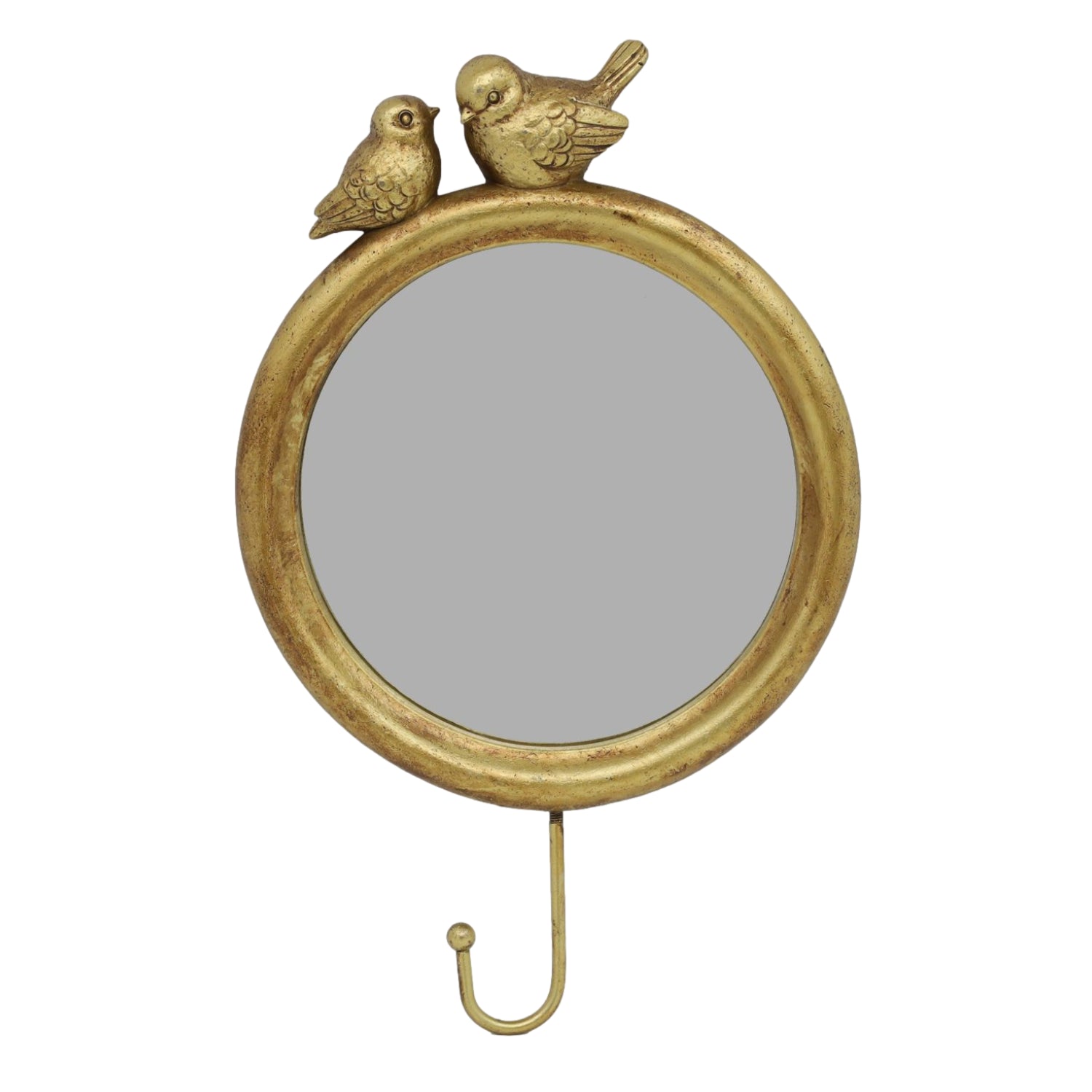 Gold Finish Pair Of Birds Round Wall Hanging Hook Mirror