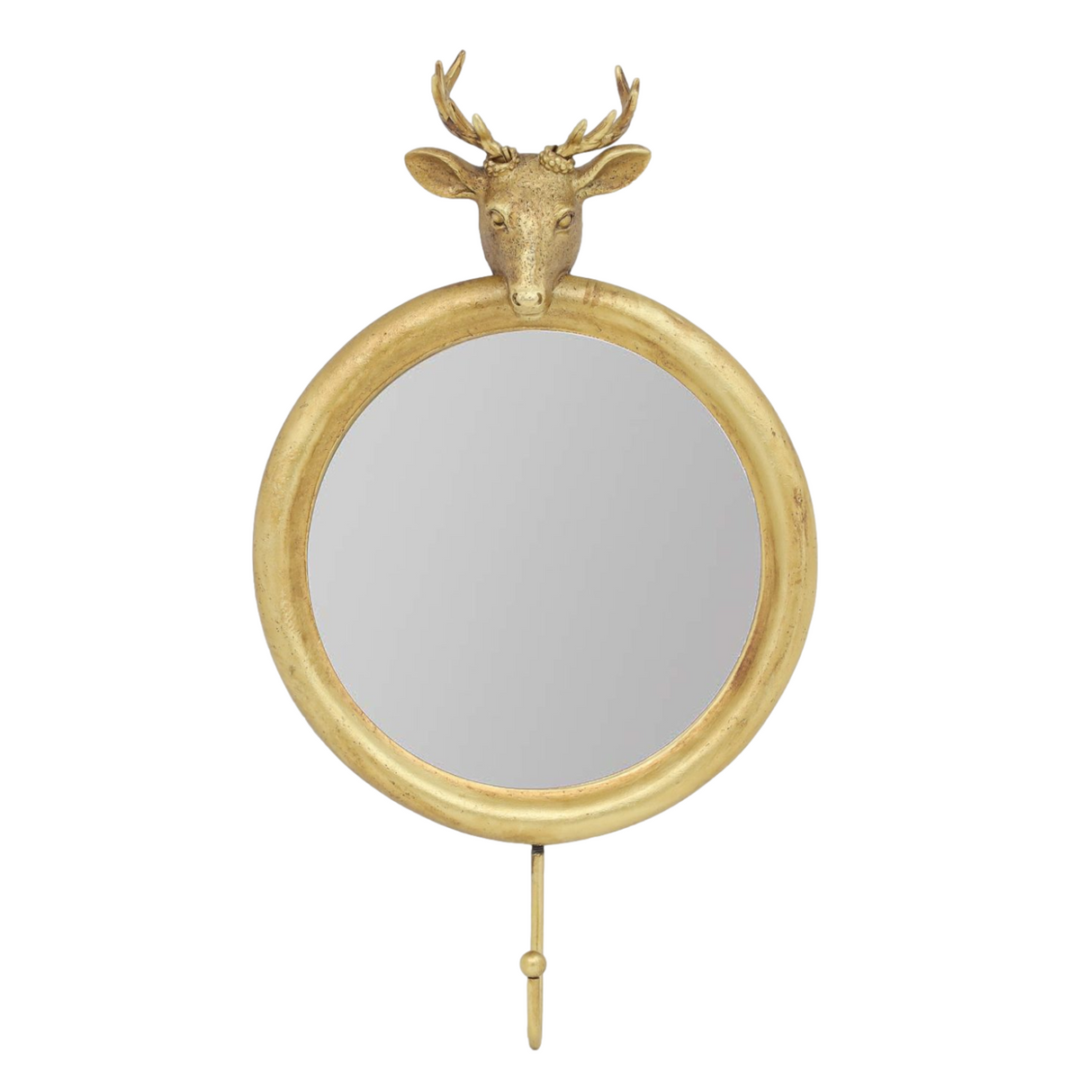 Gold Finish Stag Head Round Hanging Wall Hook Mirror