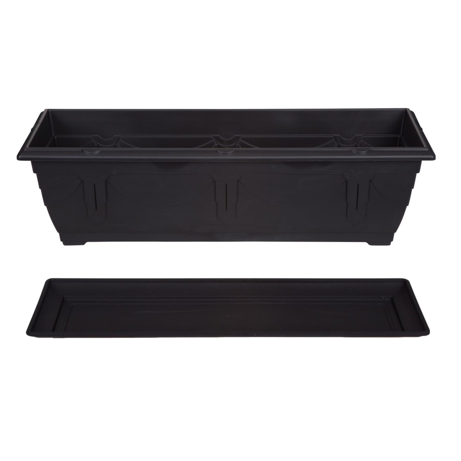 Set Of 60cm Black Rectangle Window Box Planter & Plastic Venetian Drip Saucer