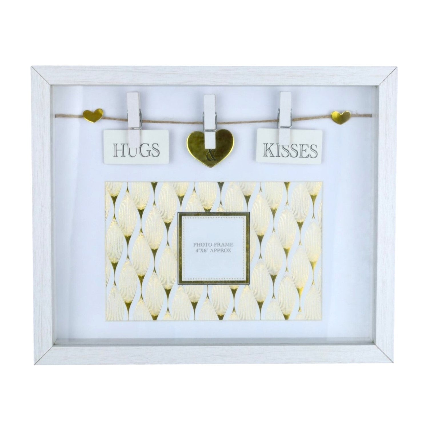 4x6 White Wooden Gold Heart Peg Picture Frame - Hugs Kisses