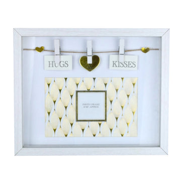 4x6 White Wooden Gold Heart Peg Picture Frame - Hugs Kisses