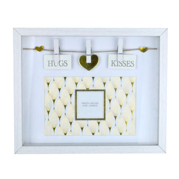 4x6 White Wooden Gold Heart Peg Picture Frame - Hugs Kisses