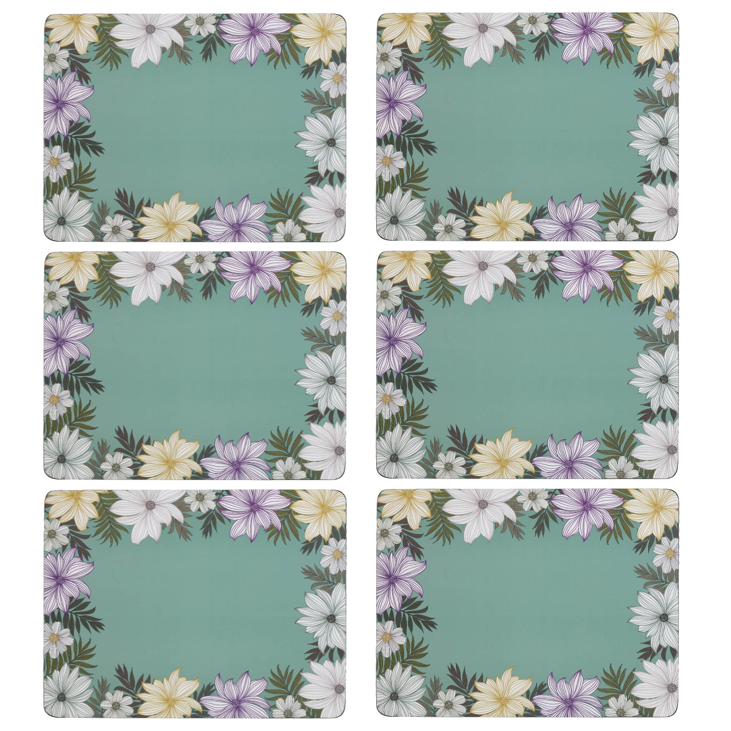 Set Of 6 Cork Placemats Flower Leaves Design